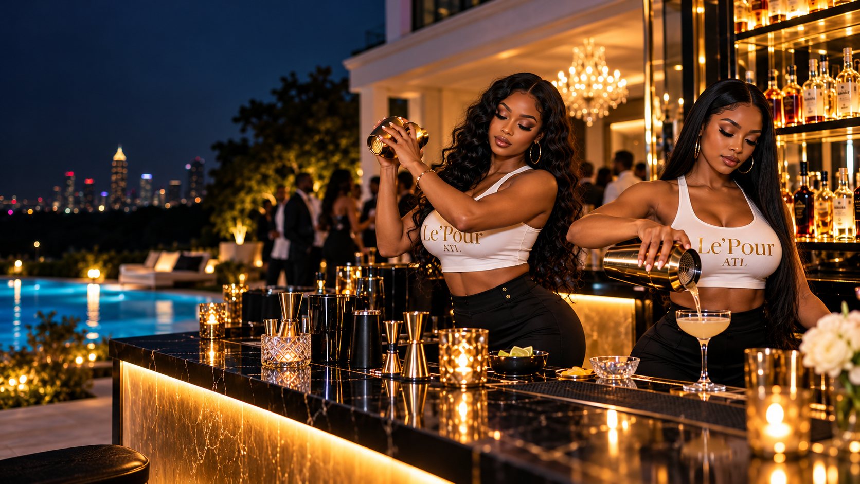 Two Le’Pour ATL bartenders working a black marble bar beside a pool at night