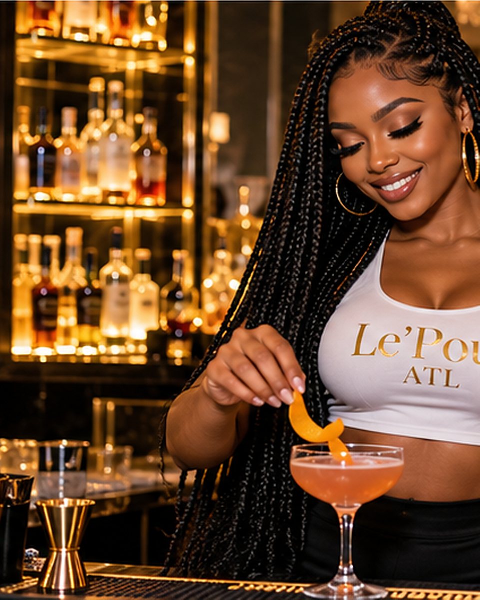 A Le’Pour ATL bartender with long braids garnishing a cocktail with an orange twist at a glowing gold bar