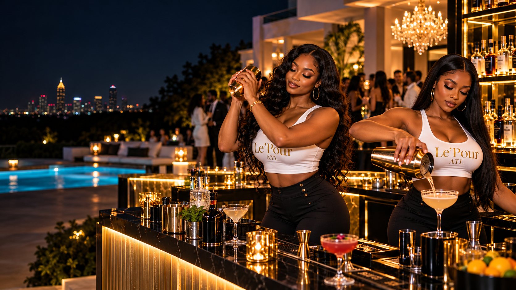 Two Le’Pour ATL bartenders in white crop tops shaking and pouring cocktails at a candlelit mansion pool party with the Atlanta skyline behind them