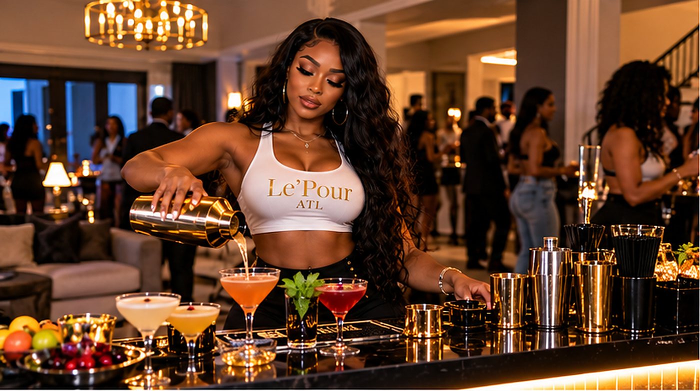 A Le’Pour ATL bartender pouring cocktails at a crowded indoor house party