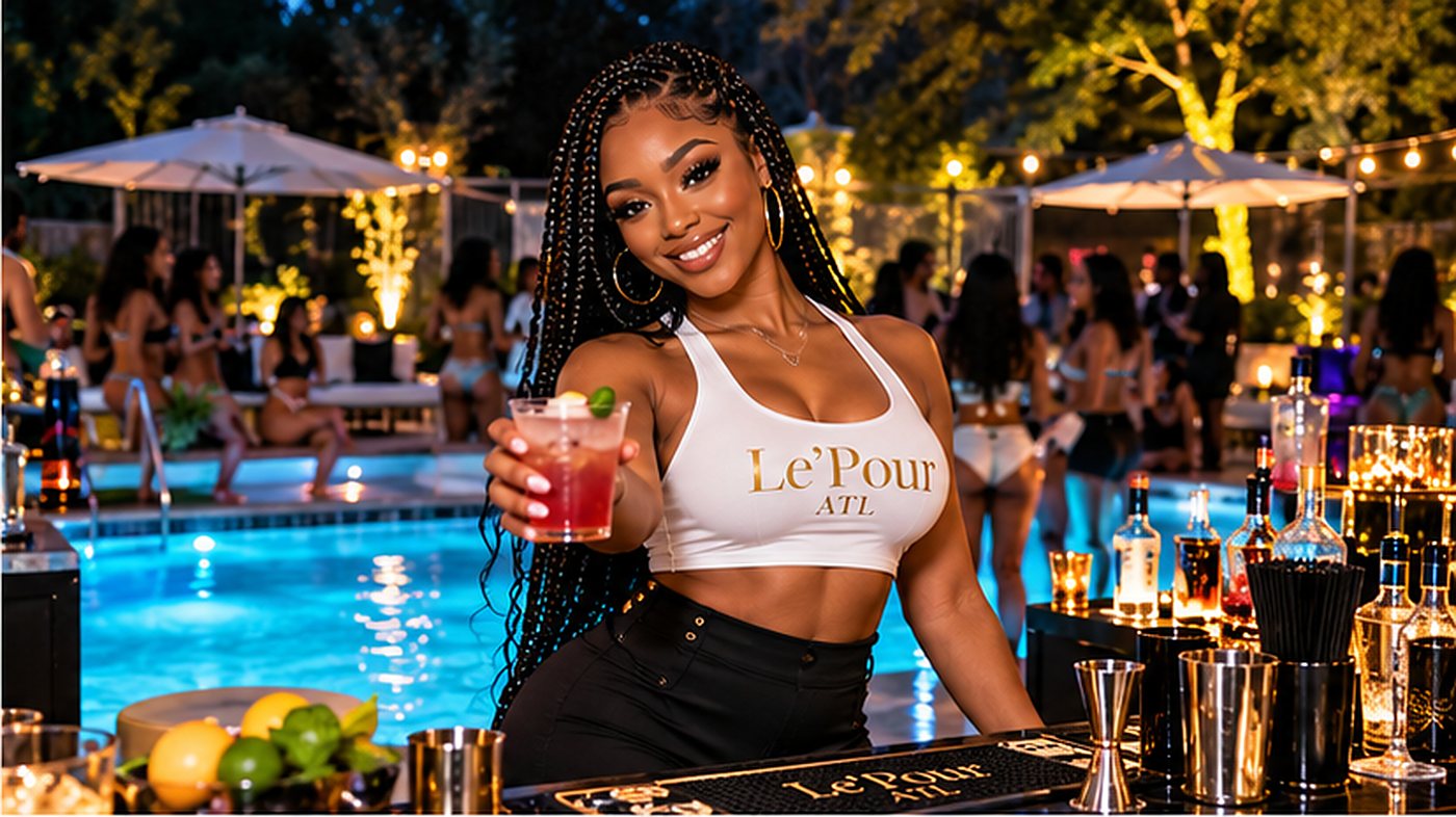 A Le’Pour ATL bartender with braids offering a pink drink beside a lit pool