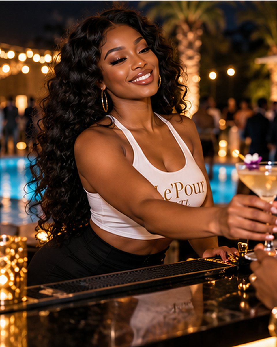 A smiling Le’Pour ATL bartender handing a guest a cocktail at a poolside night party
