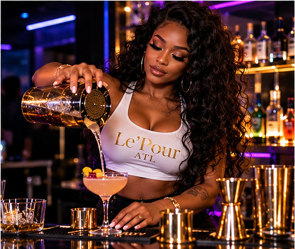 A Le’Pour ATL bartender straining a cocktail into a coupe at a bar lit in purple and gold