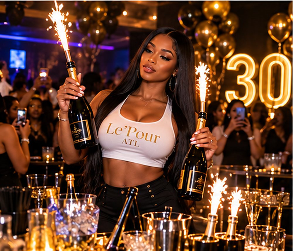 A Le’Pour ATL bartender holding champagne bottles with sparklers at a 30th birthday party