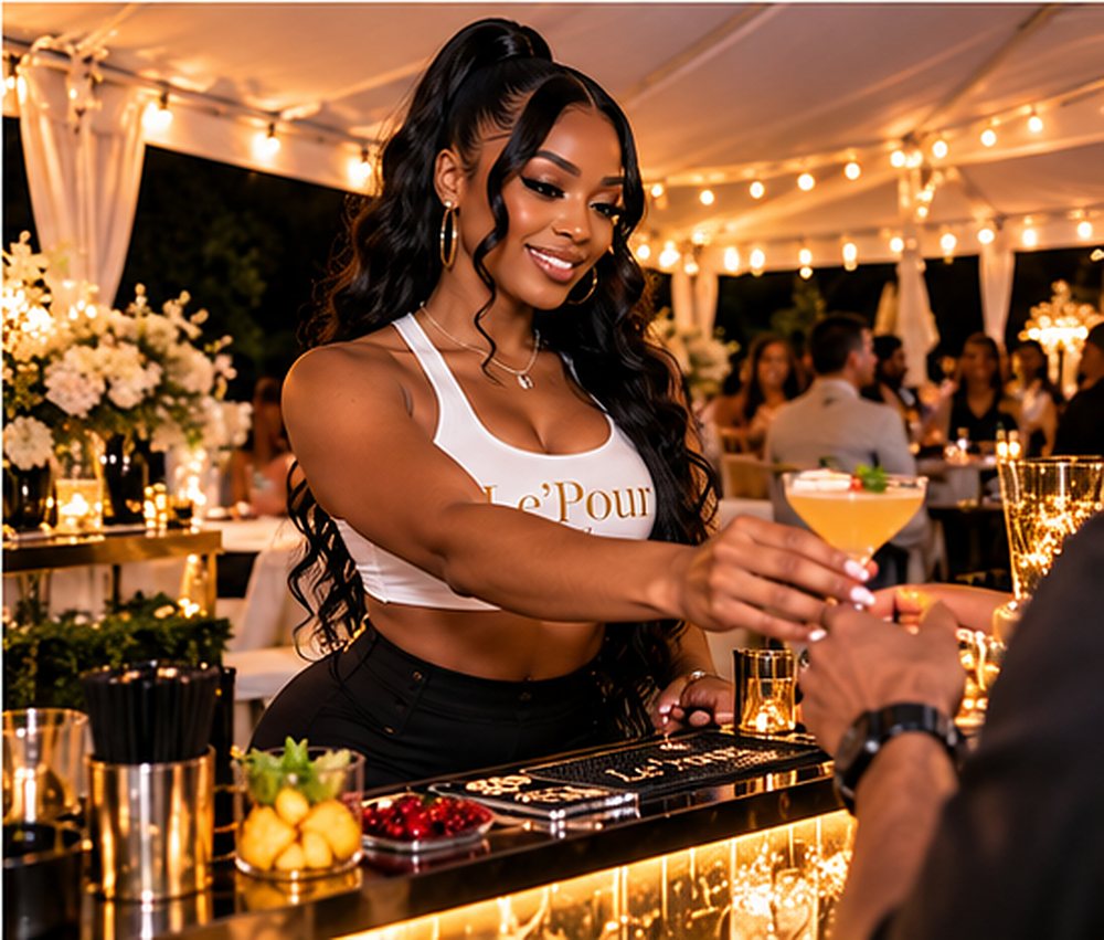 A Le’Pour ATL bartender serving a cocktail under a string-lit wedding tent